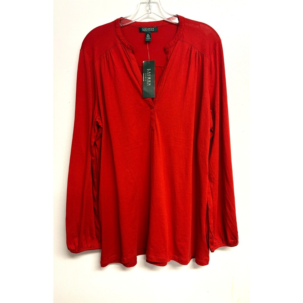 Lauren Red Pullover Shirt Womens 2XL V Neck Blousy Sleeves Ralph Lauren NWT